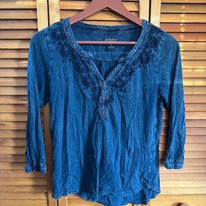 Lucky Brand Blue Blouse with Floral Embroidery